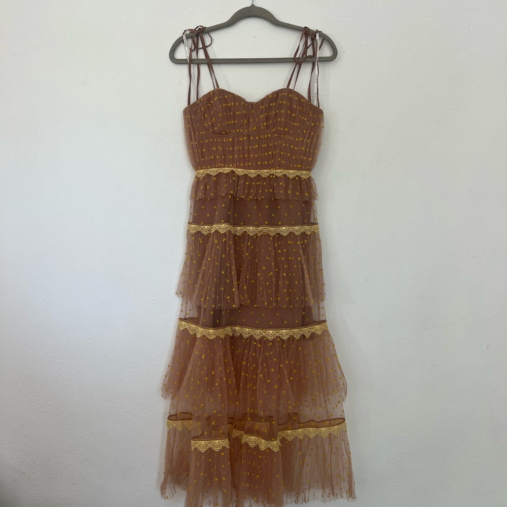 Self-Portrait Brown and Gold Tiered Midi Dress